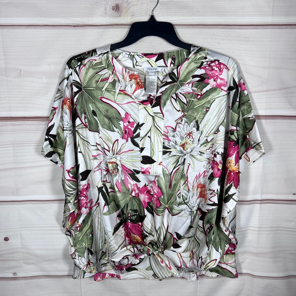 Chico's Blouse Womens 3 16 White Floral Tie Front Dolman Sleeve V-Neck Satin Top